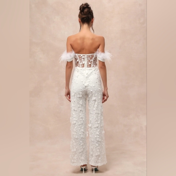 Lulus Midnight Sparkle White Mesh Embroidered Feather Bustier Jumpsuit XL Bridal - Picture 5 of 9
